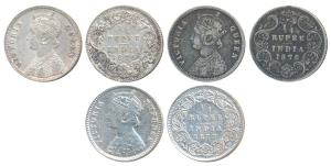 Victoria Queen, Silver ¼ Rupee (3), 1876, Calcutta Mint, A / I / No mint mark (Prid 381); 