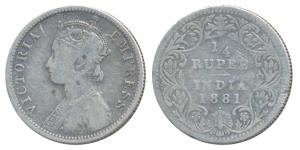 Victoria Empress, Silver ¼ Rupee, 1881, Bombay Mint, A / II / dot (Prid 410). Fine+, Rare.