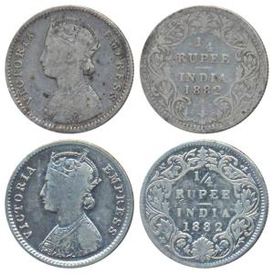 Victoria Empress, Silver ¼ Rupee (2), 1882, Bombay Mint, B / II / dot, (Prid 413); 1882, B