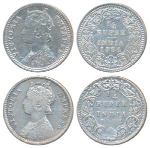 Victoria Empress, Silver ¼ Rupee (2), 1884, Calcutta Mint, C / II / C incuse (Prid 389); 1