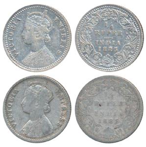 Victoria Empress, Silver ¼ Rupee (2), 1885, Calcutta Mint, C / II / C incuse (Prid 390); 1
