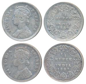 Victoria Empress, Silver ¼ Rupee (2), 1887, Calcutta Mint, C / II / C incuse (Prid 392); 1