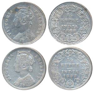 Victoria Empress, Silver ¼ Rupee (2), 1888, Calcutta Mint, C / II / no mint mark (Prid 393