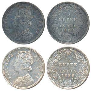 Victoria Empress, Silver ¼ Rupee (2), 1888, Bombay Mint, C / II / B incuse (Prid 422); 188