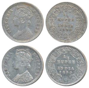 Victoria Empress, Silver ¼ Rupee (2), 1890, Calcutta Mint, C / II / C incuse (Prid 395); 1