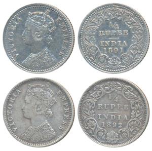 Victoria Empress, Silver ¼ Rupee (2), 1891, Calcutta Mint, C / II / C incuse (Prid 396); 1