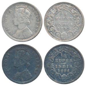 Victoria Empress, Silver ¼ Rupee (2), 1893, Bombay Mint, C / I / B incuse (Prid 428); 1894