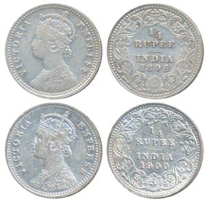 Victoria Empress, Silver ¼ Rupee (2), 1896, Calcutta Mint, C / II / C incuse (Prid 400); 1