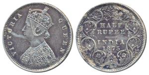 Victoria Queen, Silver ½ Rupee, 1875, Calcutta Mint, A / I No mint mark, (Prid 260). Very 