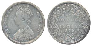 Victoria Queen, Silver ½ Rupee, 1875, Bombay Mint, B2 / II / dot, (Prid 286). About Very F
