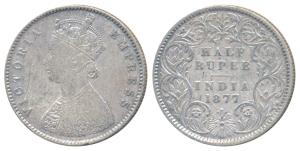 Victoria Empress, Silver ½ Rupee, 1877, Calcutta Mint, A / I, No mint mark, (Prid 261). De