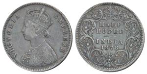 Victoria Empress, Silver ½ Rupee, 1878, Calcutta Mint, A / I / No mint mark, (Prid 262). A