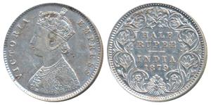 Victoria Empress, Silver ½ Rupee, 1879, Calcutta Mint, A / I / C incuse (Prid 263). Very F