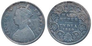 Victoria Empress, Silver ½ Rupee, 1880, Calcutta Mint, A / I / C incuse (Prid 264). Minor 