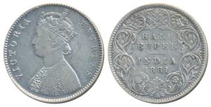 Victoria Empress, Silver ½ Rupee, 1881, Calcutta Mint, A / I / C incuse (Prid 265). About 