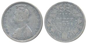 Victoria Empress, Silver ½ Rupee, 1881, Bombay Mint, B2 / II / dot (Prid 289). About Very 