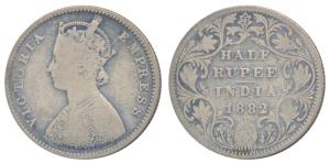 Victoria Empress, Silver ½ Rupee, 1882, Bombay Mint, A / II / dot, (Prid 291). Fine, Very 