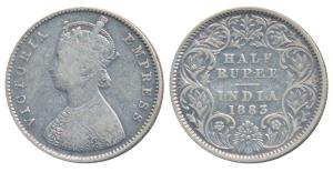 Victoria Empress, Silver ½ Rupee, 1883, Calcutta Mint, A / I / C incuse (Prid 267). Fine+.