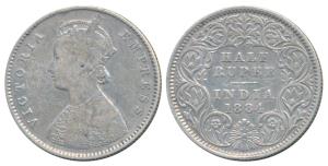 Victoria Empress, Silver ½ Rupee, 1884, Calcutta Mint, A / I / C incuse (Prid 268). Fine+.