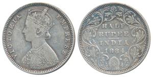 Victoria Empress, Silver ½ Rupee, 1884, Bombay Mint, A / II / no dot, (Prid 293). About Ve