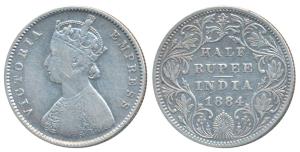 Victoria Empress, Silver ½ Rupee, 1884, Bombay Mint, A / II / dot, (Prid 292). Fine.