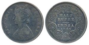 Victoria Empress, Silver ½ Rupee, 1885, Calcutta Mint, A / I / C incuse (Prid 269). About 
