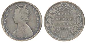 Victoria Empress, Silver ½ Rupee, 1886, Bombay Mint, A / II / B raised, (Prid 295). Fine+,