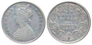 Victoria Empress, Silver ½ Rupee, 1887, Calcutta Mint, A / I / C incuse (Prid 271). About 