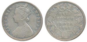 Victoria Empress, Silver ½ Rupee, 1887, Bombay Mint, A / II / B raised, (Prid 296). Fine+.