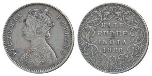 Victoria Empress, Silver ½ Rupee, 1888, Bombay Mint, A / II / B raised, (Prid 298). Fine+.