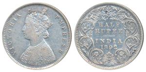 Victoria Empress, Silver ½ Rupee, 1892, Calcutta Mint, A / I / C incuse (Prid 276). Very F