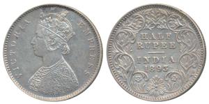 Victoria Empress, Silver ½ Rupee, 1893, Calcutta Mint, A / I / C incuse (Prid 277). Very F