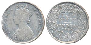 Victoria Empress, Silver ½ Rupee, 1894, Calcutta Mint, A / I / C incuse (Prid 278). Fine+.