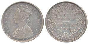 Victoria Empress, Silver ½ Rupee, 1894, Bombay Mint, A / I / B incuse (Prid 304). About Ve