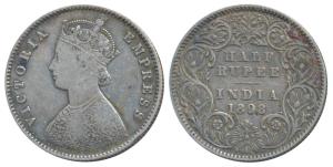 Victoria Empress, Silver ½ Rupee, 1898, Calcutta Mint, A / I / C incuse (Prid 280). Fine+,