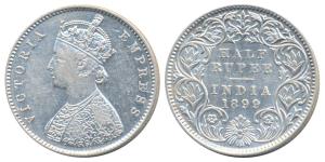 Victoria Empress, Silver ½ Rupee, 1899, Calcutta Mint, A / I / C incuse (Prid 282). Very F