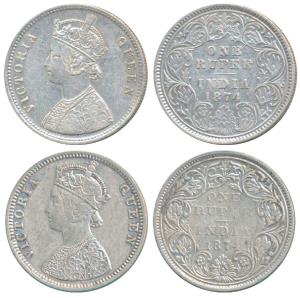 Victoria Queen, Silver Rupee (2), 1874, Calcutta Mint, A1 / I / No mint mark, (Prid 112); 
