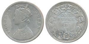 Victoria Queen, Silver Rupee, 1874, Bombay Mint, A2 / II dot (Prid 143). Fine+.