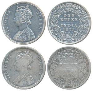 Victoria Queen, Silver Rupee (2), 1875, Calcutta Mint, A1 / I / No mint mark, (Prid 113); 