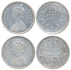 Victoria Queen, Silver Rupee (2), 1876, Calcutta Mint, A1 / I / No mint mark, (Prid 114); 
