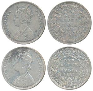 Victoria Empress, Silver Rupee (2), 1881, Bombay Mint, A3 / IV / dot (Prid 157); 1881, Bom