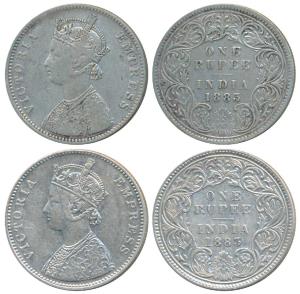 Victoria Empress, Silver Rupee (2), 1883, Bombay Mint, A3 / I / B raised and dot, (Prid 16