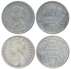 Victoria Empress, Silver Rupee (2), 1886, Calcutta Mint, A4 / I / C incuse (Prid 126); 188