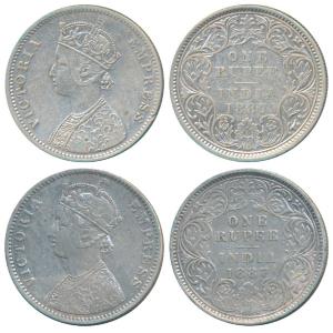 Victoria Empress, Silver Rupee (2), 1887, Calcutta Mint, A4 / I / C incuse (Prid 127); 188