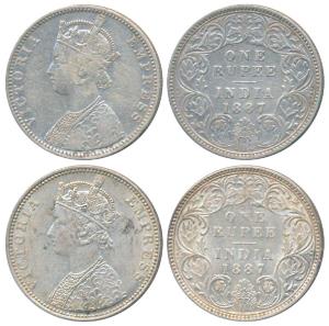 Victoria Empress, Silver Rupee (2), 1887, Bombay Mint, C2 / I / B raised (Prid 172); 1887,