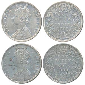 Victoria Empress, Silver Rupee (2), 1888, Bombay Mint, C2 / I / B raised (Prid 174);. 1888