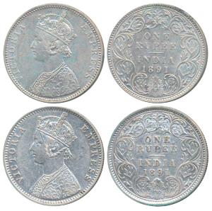 Victoria Empress, Silver Rupee (2), 1891, Bombay Mint, C2 / I / B incuse (Prid 179); 1891,