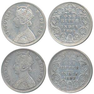 Victoria Empress, Silver Rupee (2), 1892, Calcutta Mint, C3 / I / C incuse (Prid 133); 189