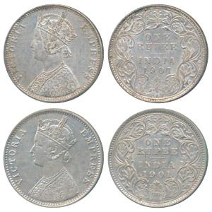 Victoria Empress, Silver Rupee (2), 1901, Bombay Mint, A3 / I / B incuse (Prid 187); 1901,