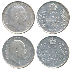 Edward VII, Silver 2 Annas (2), 1907, Calctta Mint, (Prid 560); 1910, Calcutta Mint (Prid 